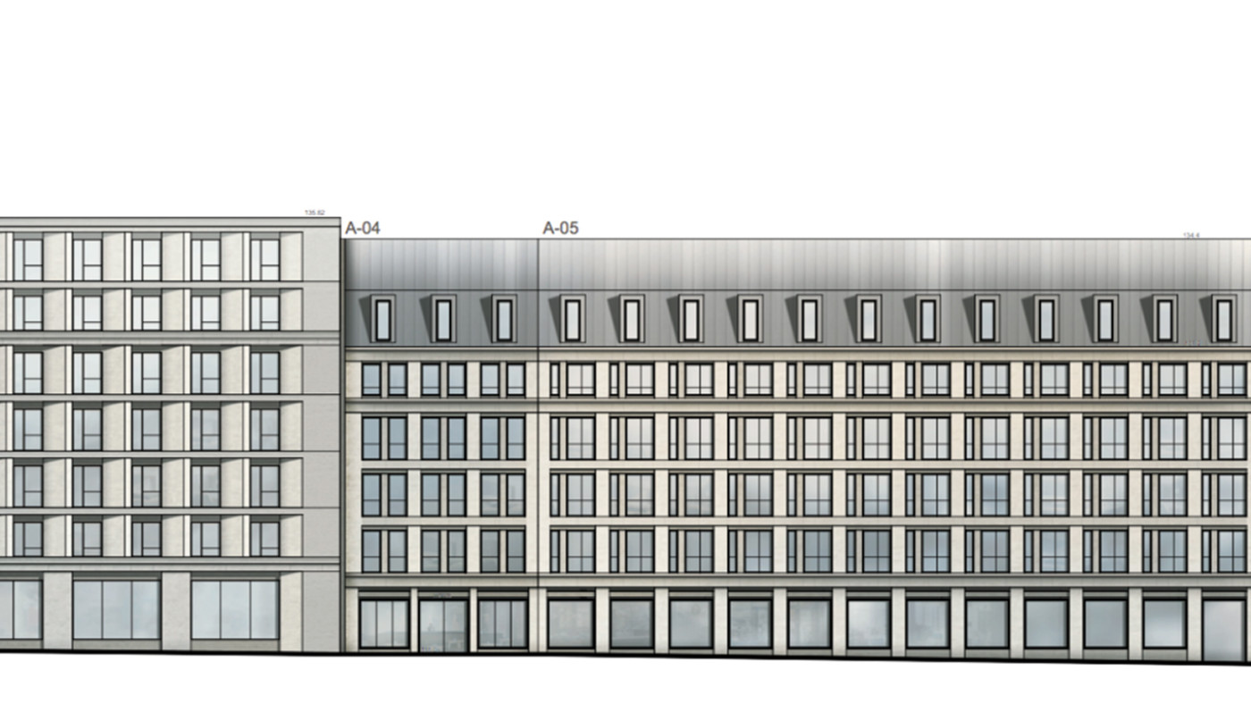 Developed elevation of the hotel buildings where they meet the historic neighbouring development.