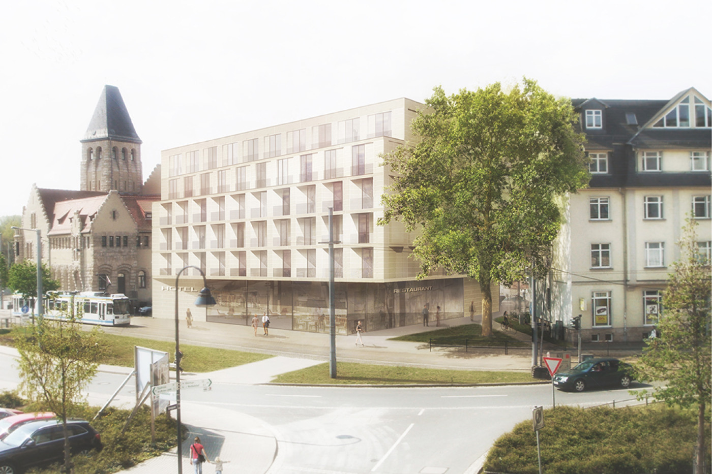 Visualisierung der Hotelbauten neben einer Kirche aus Backstein, davor Stra&szlig;enbahn und Kreuzung mit Passanten.