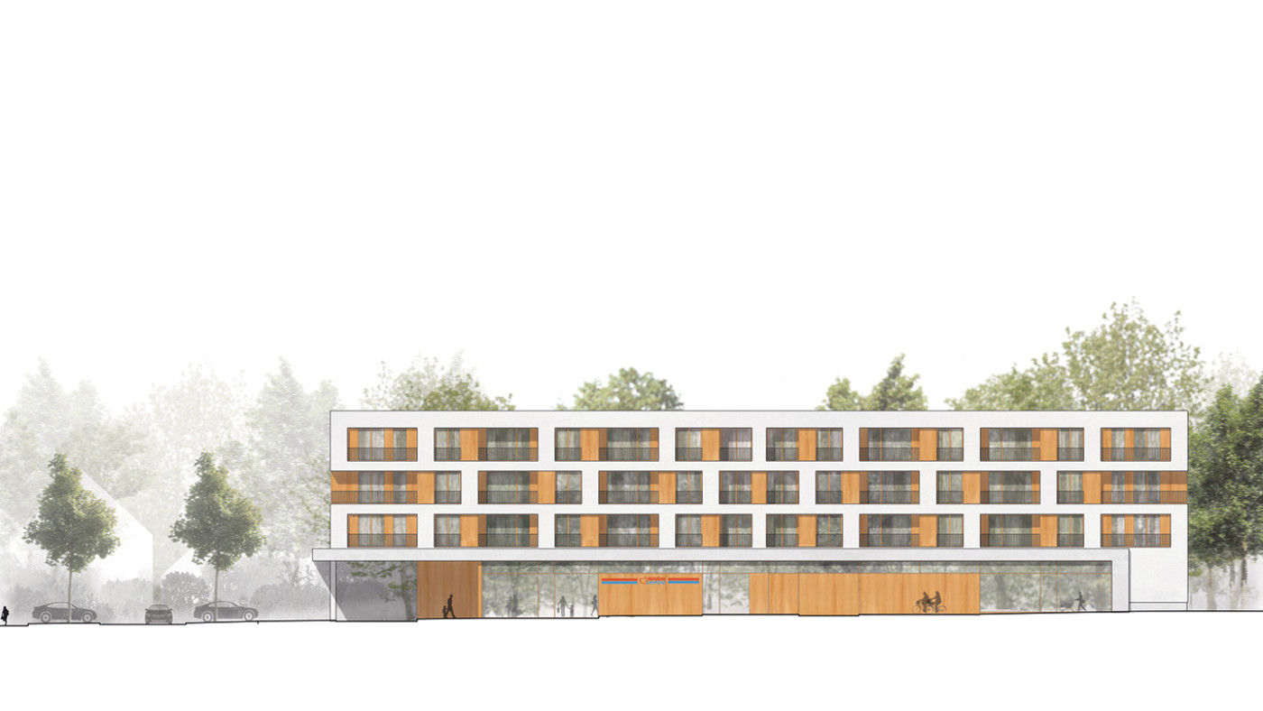 Design elevation of the four-storey residential building with orange balcony balustrades above a retail floor.