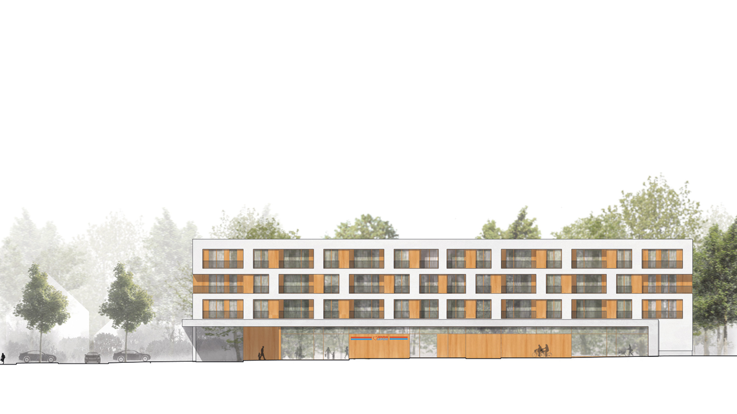 Design elevation of the four-storey residential building with orange balcony balustrades above a retail floor.