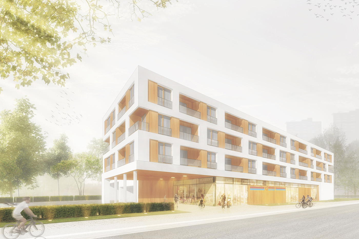 Visualisation of the four-storey residential building with timber balcony recesses above the glazed retail floor, cyclists in front.