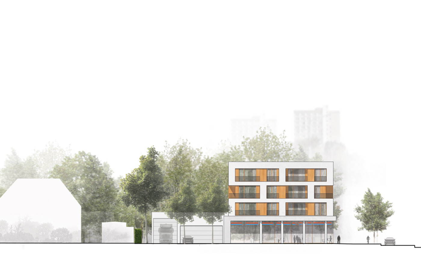 Drawn street elevation placing the new building among trees and the neighbouring development.