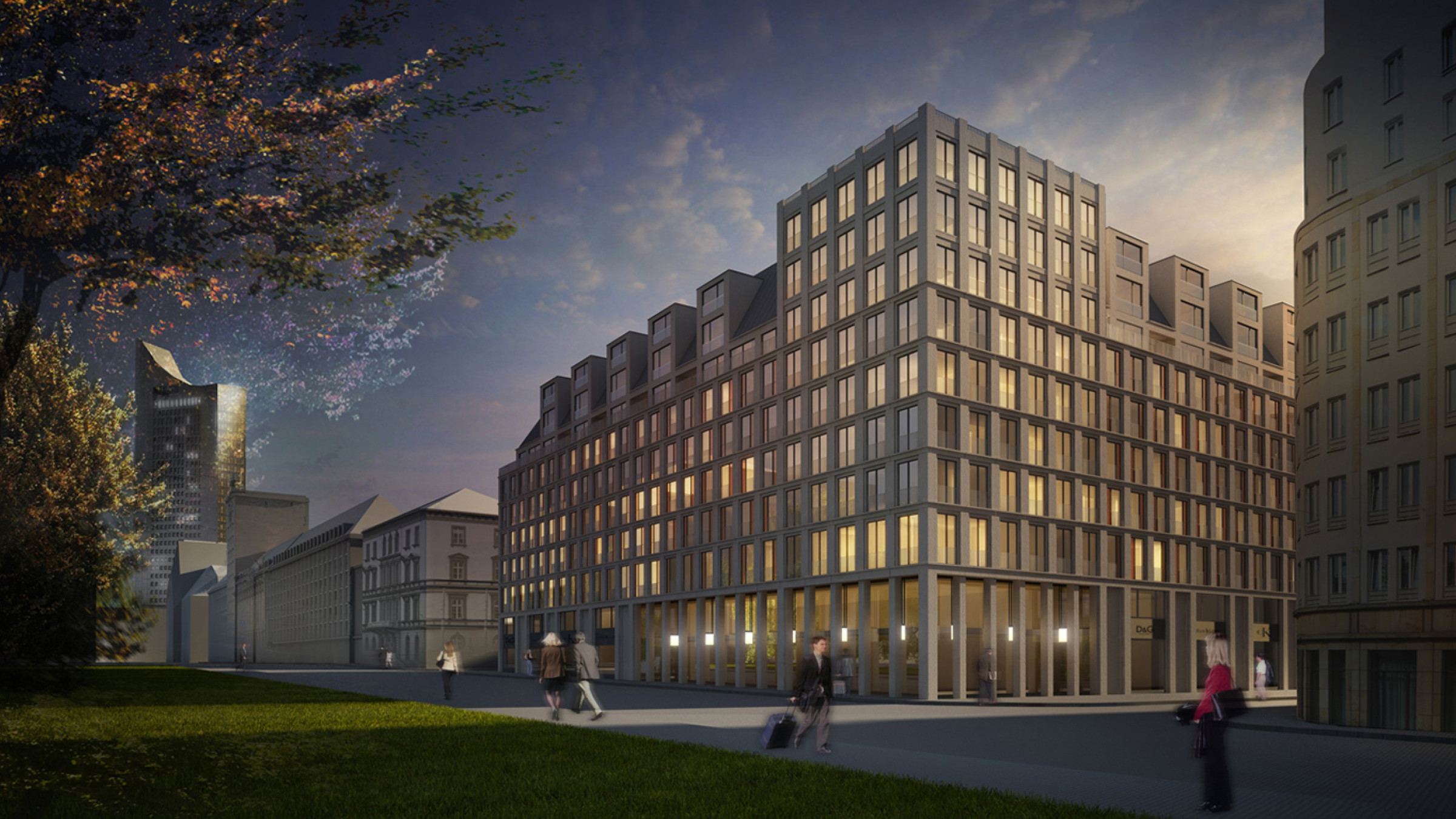 Evening visualisation of the residential and commercial building with illuminated ribbon windows.