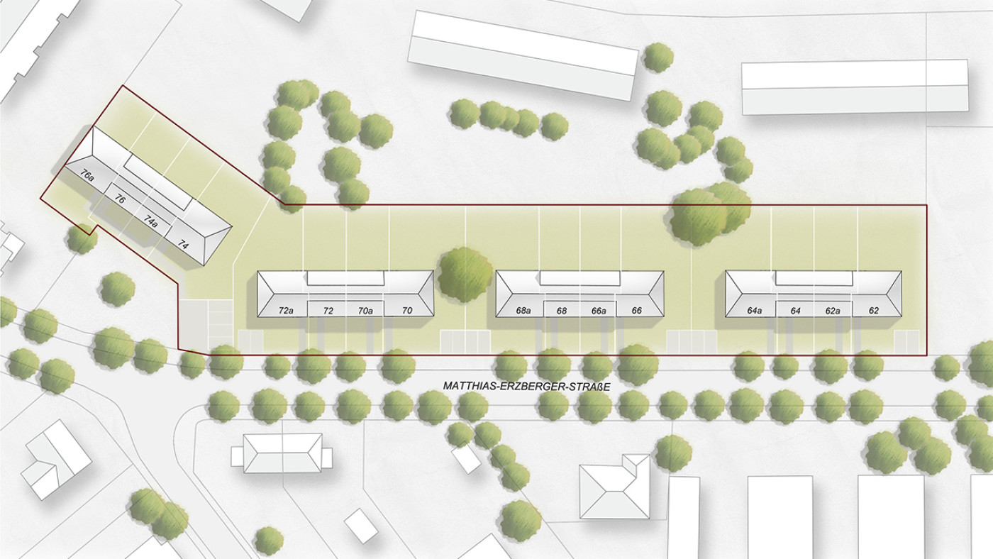 Site plan showing three rows of the terraced houses along Matthias-Erzberger-Stra&szlig;e.