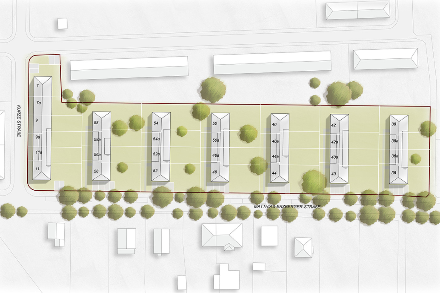 Kolorierter Lageplan mit sieben Reihenhauszeilen und begr&uuml;nten G&auml;rten zwischen Kurze Stra&szlig;e und Matthias-Erzberger-Stra&szlig;e.