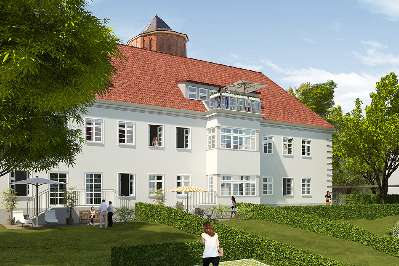 Visualisation of the refurbished older building with a red hipped roof and tower, garden furniture on the lawn in front.