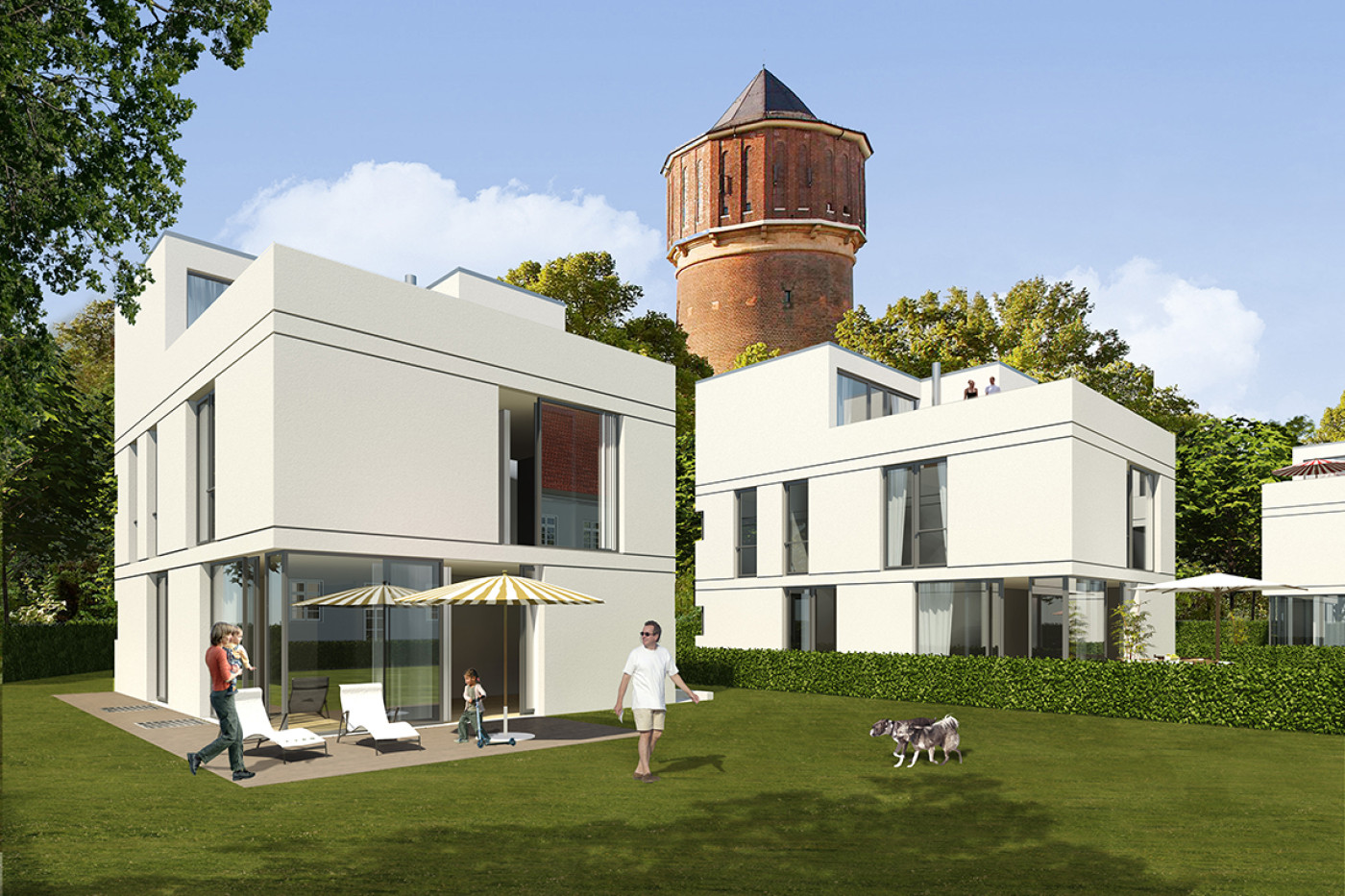 Visualisation of the town houses with flat roofs and terraces, the historic brick water tower behind.