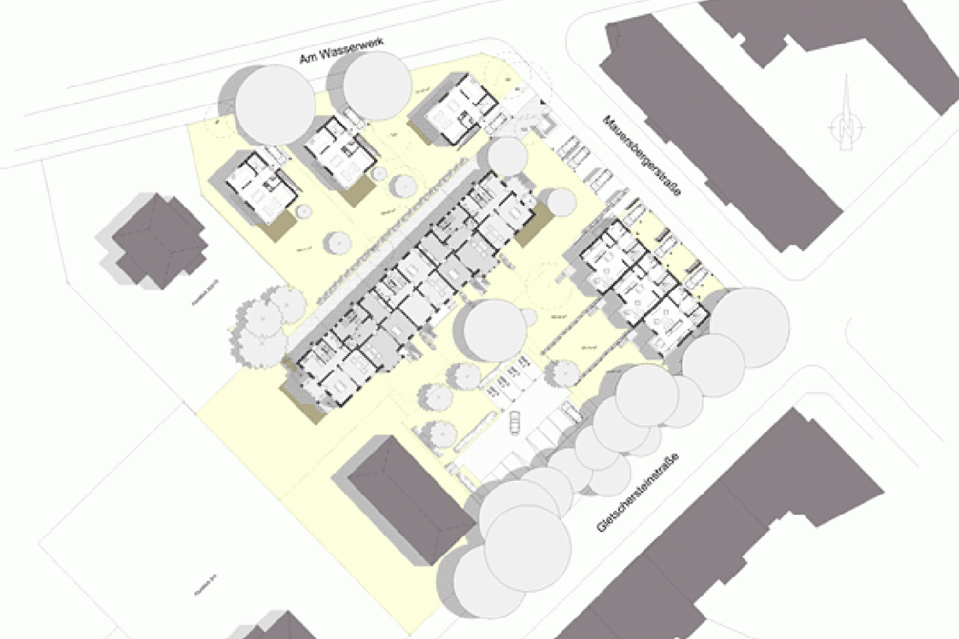 Site plan of the quarter between Am Wasserwerk, Meusdorfer Stra&szlig;e and Gletschersteinstra&szlig;e with the existing trees.