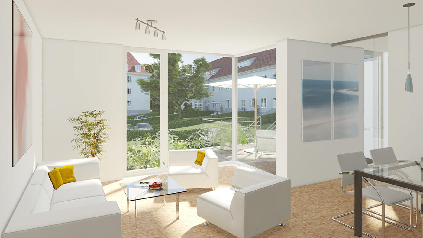 Visualisation of a bright living room with a corner window and a view onto greenery.